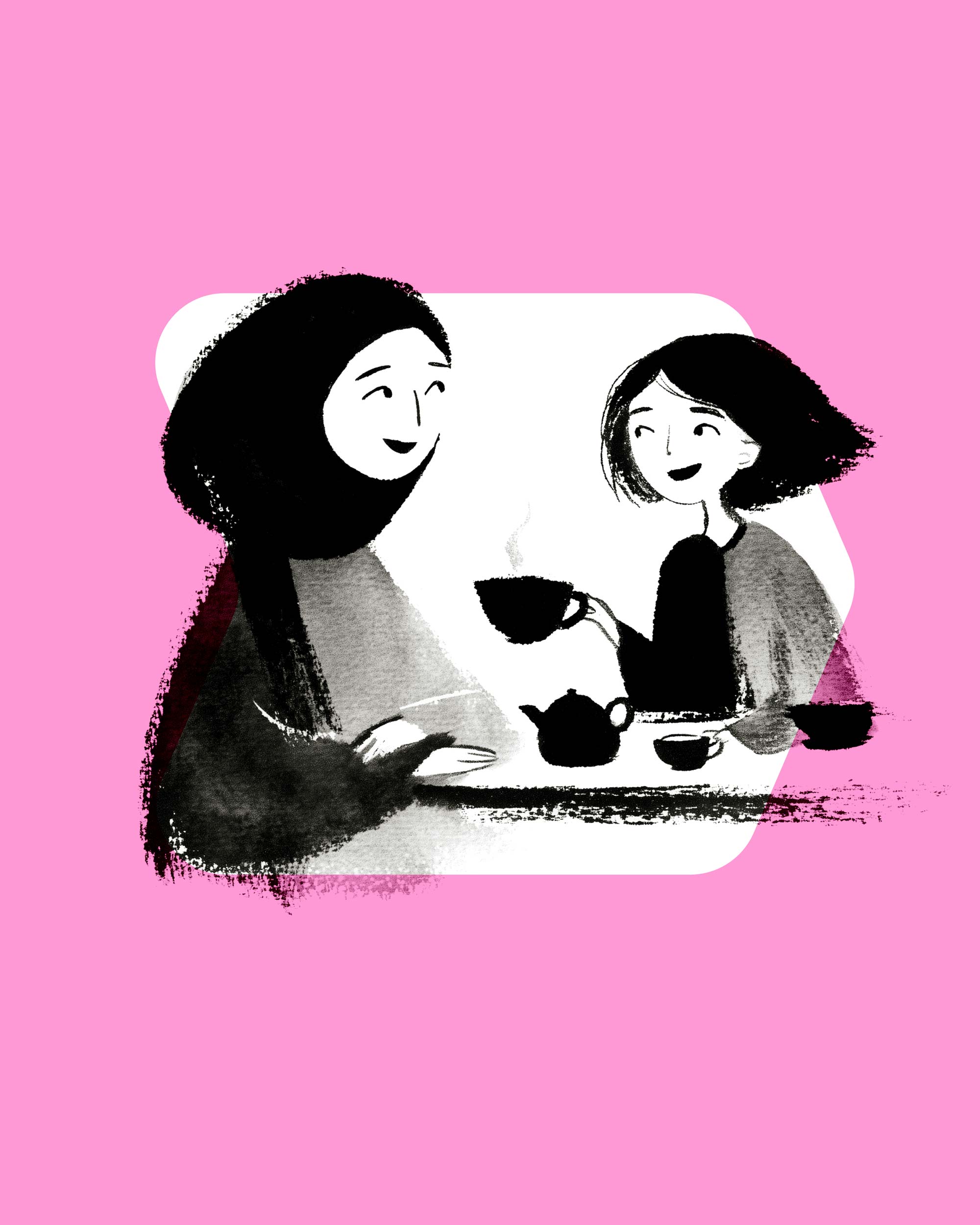 Inkttekening van twee vrouwen die samen thee drinken, een van hen met hoofddoek, in de pijlvorm van Advendis op roze