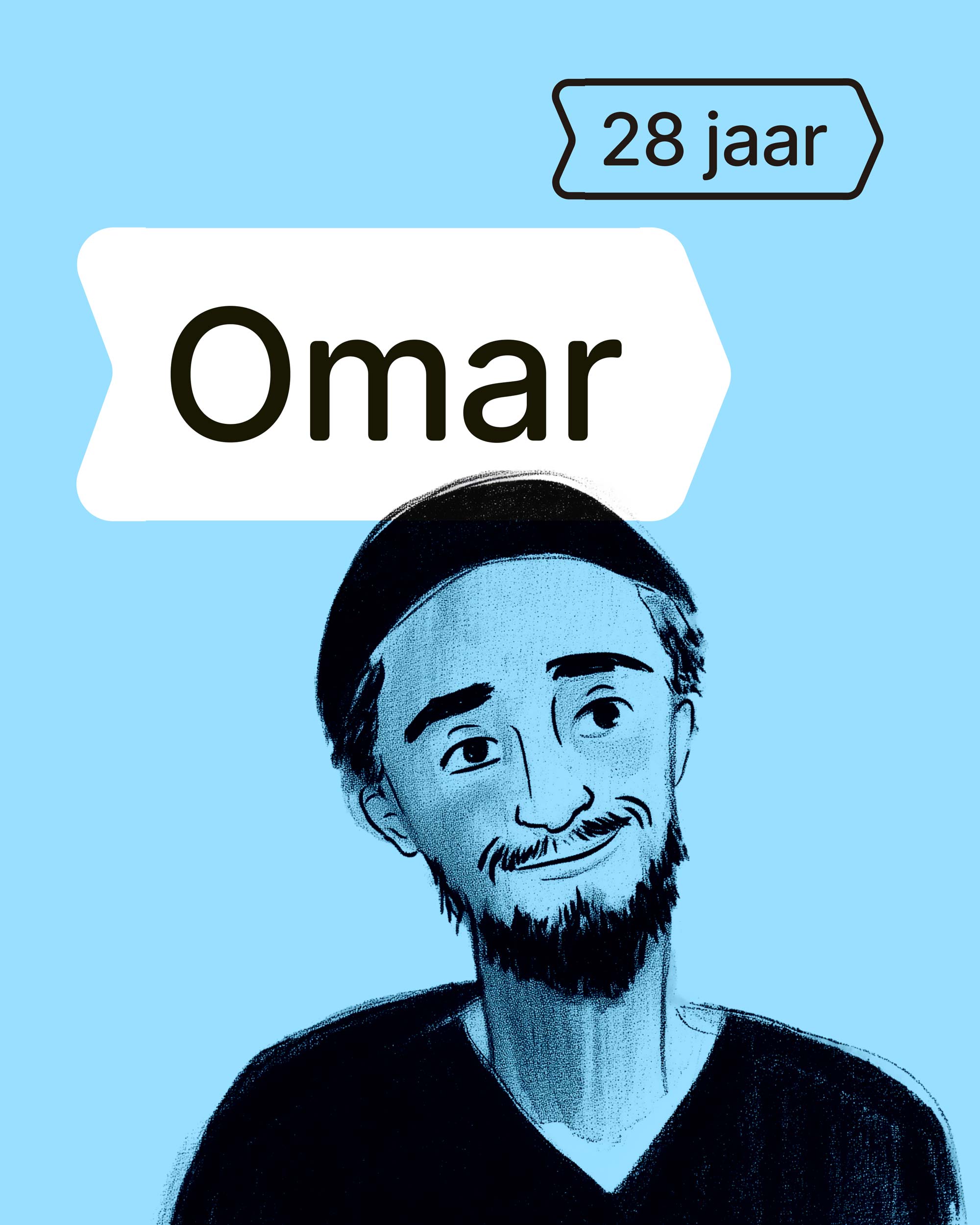 Getekend portret van Omar, 28 jaar, met zijn naam in een pijlvorm op lichtblauw