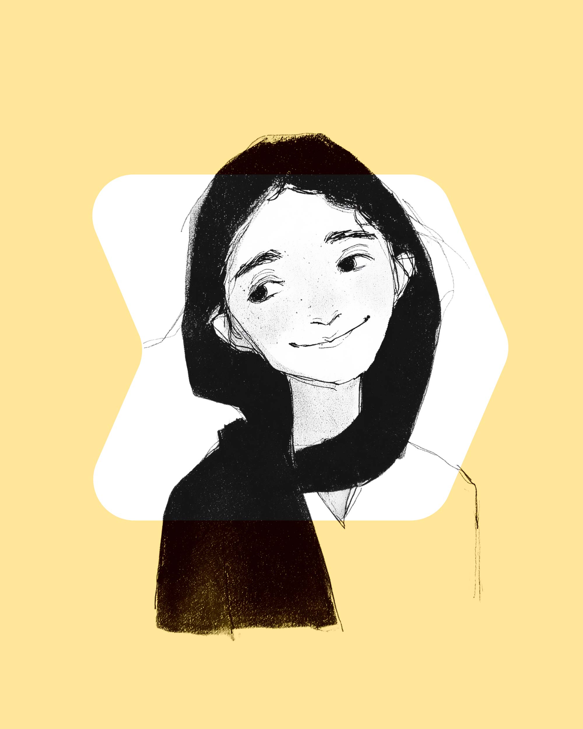 Getekend portret van een glimlachende vrouw in de pijlvorm van Advendis, op geel
