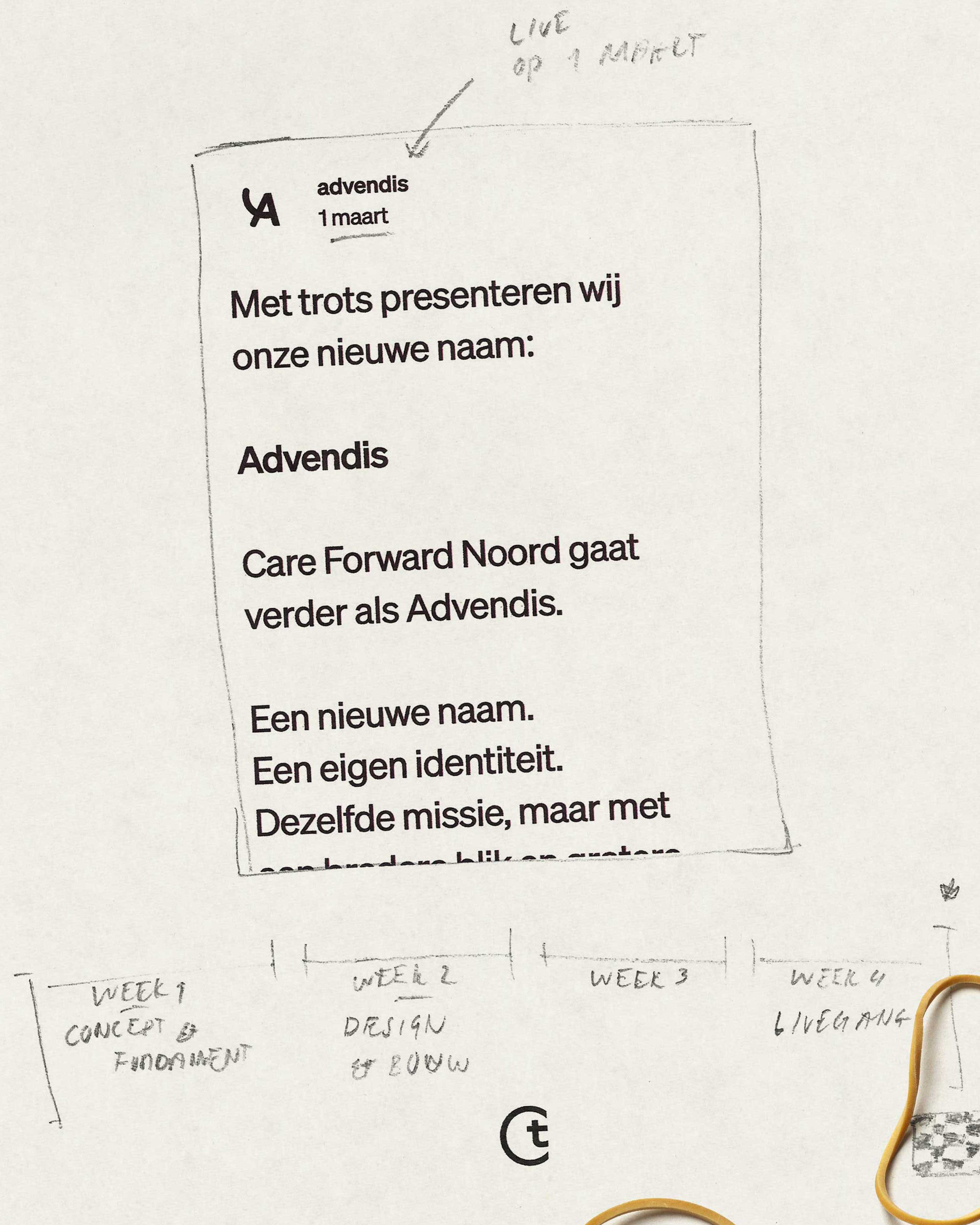 Sketch sheet with the social post announcing that Care Forward Noord continues as Advendis, with the four week schedule below it